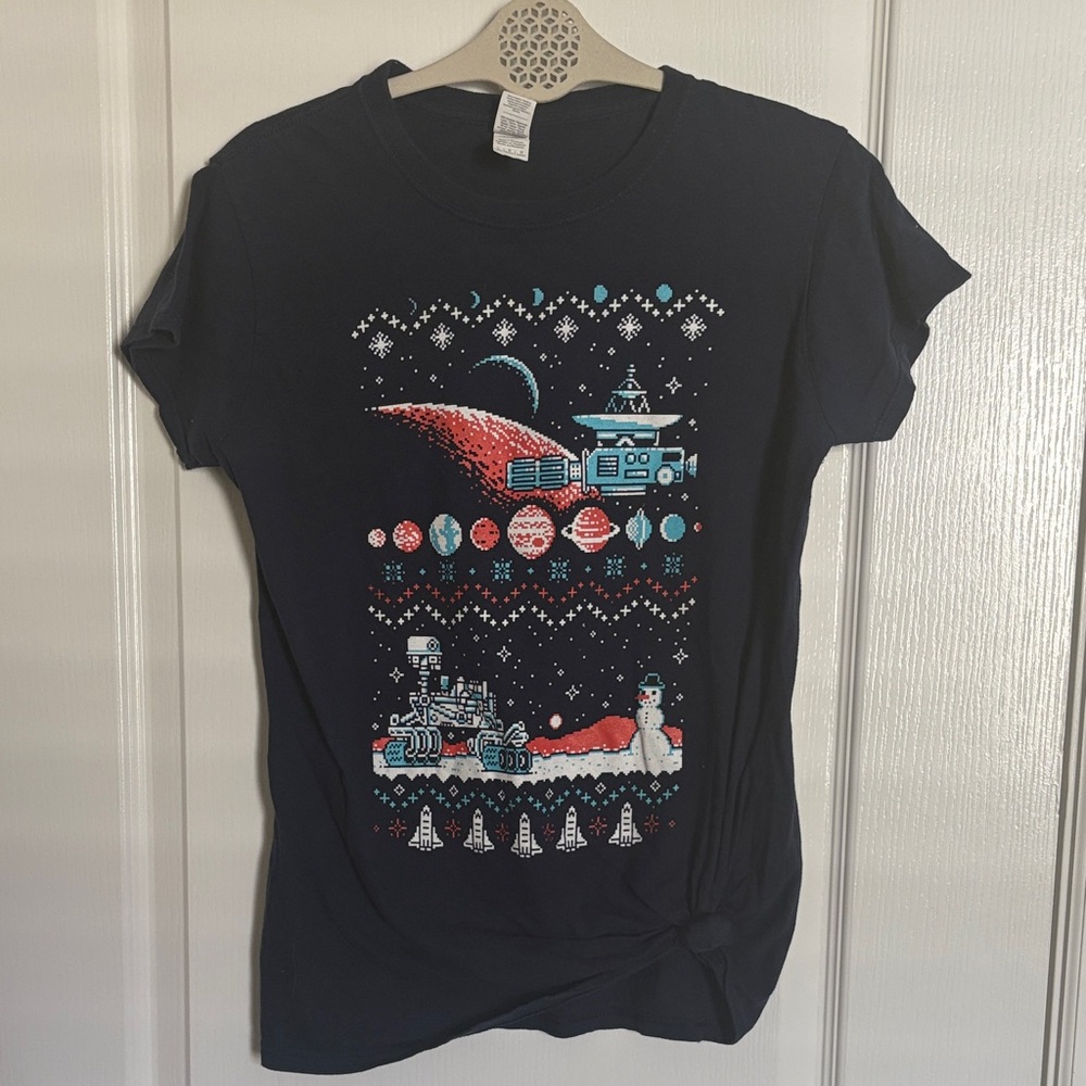 Gildan Holiday Snowman Outerspace Pixilated Short Sleeve Tee
